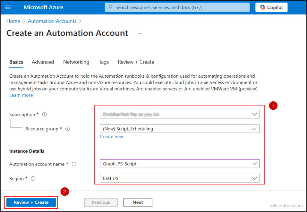 Create an Azure Autoamtion account