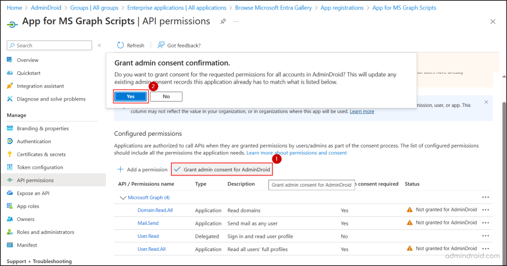 Grant admin consent confirmation for the Entra app