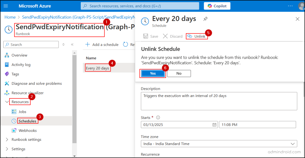 Unlink Microsoft Graph script schedule in Azure Automation