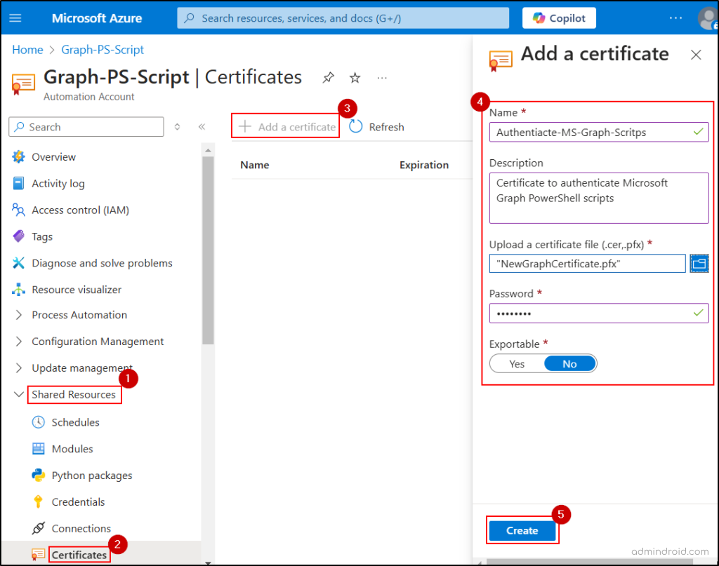 Upload certificate to Aure Automation account