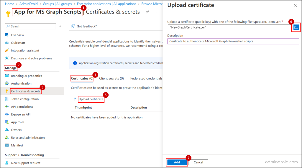 Upload certificate to the Microsoft Entra app