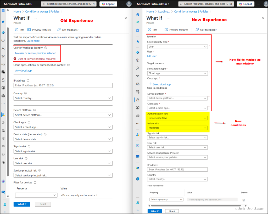 Legacy vs. New Graph Based What If Tool UI - Entra Portal