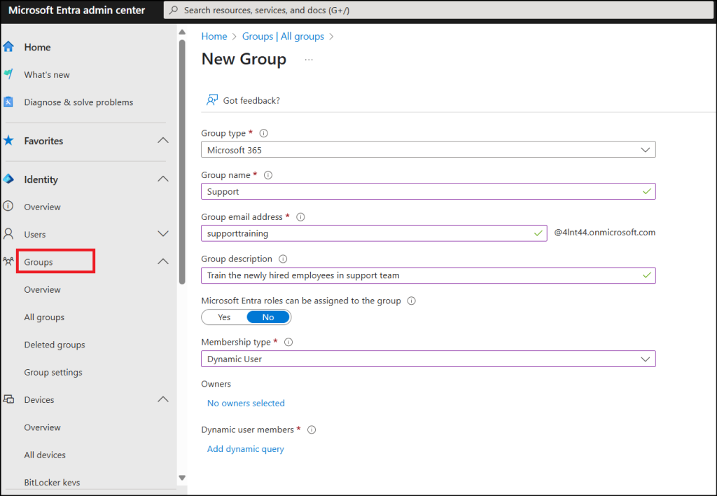 dynamic group in entra admin center