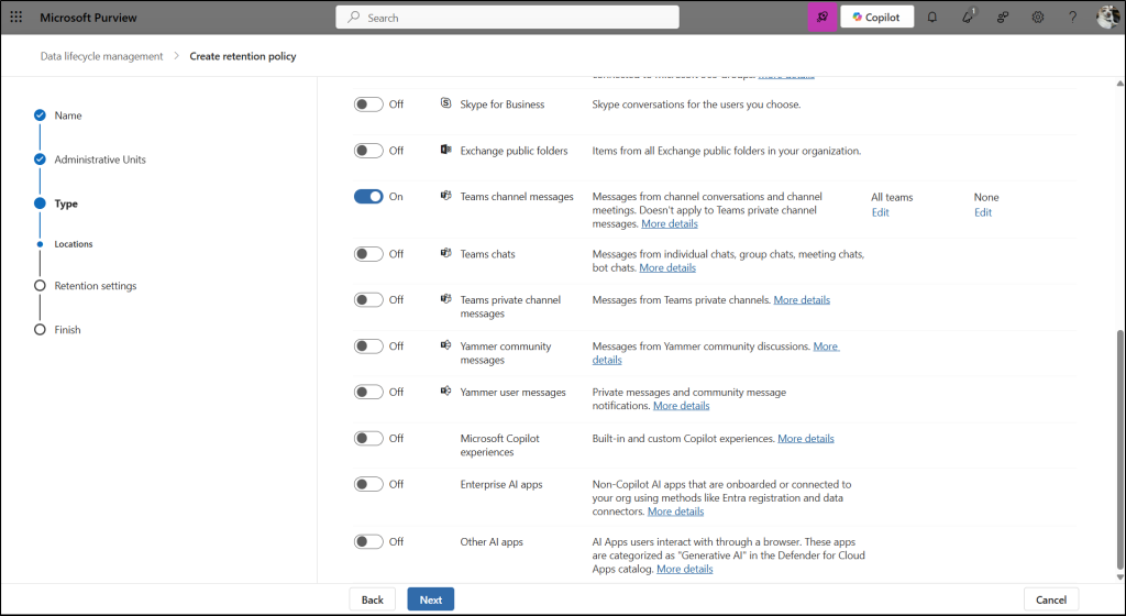 Microsoft Purview Retention policy for Teams private channels at group level