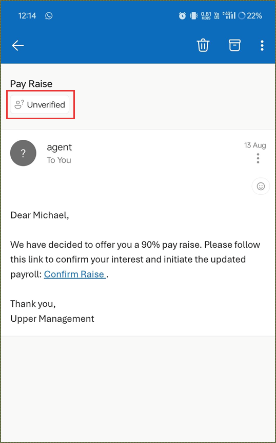 Unverified Sender Warning Banner