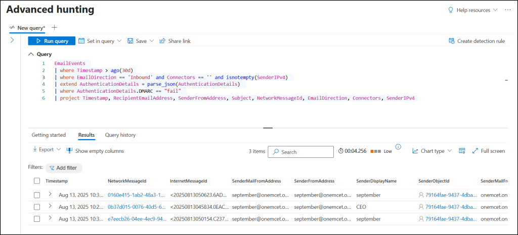 Using Microsoft Defender Advanced hunting to find Direct Send email activities