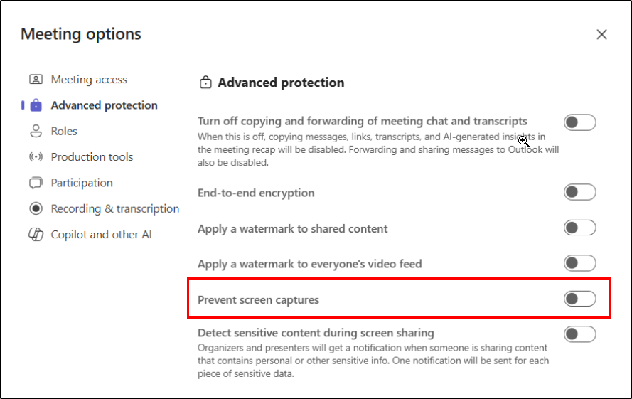 Prevent Screen Capture in Microsoft Teams Meetings