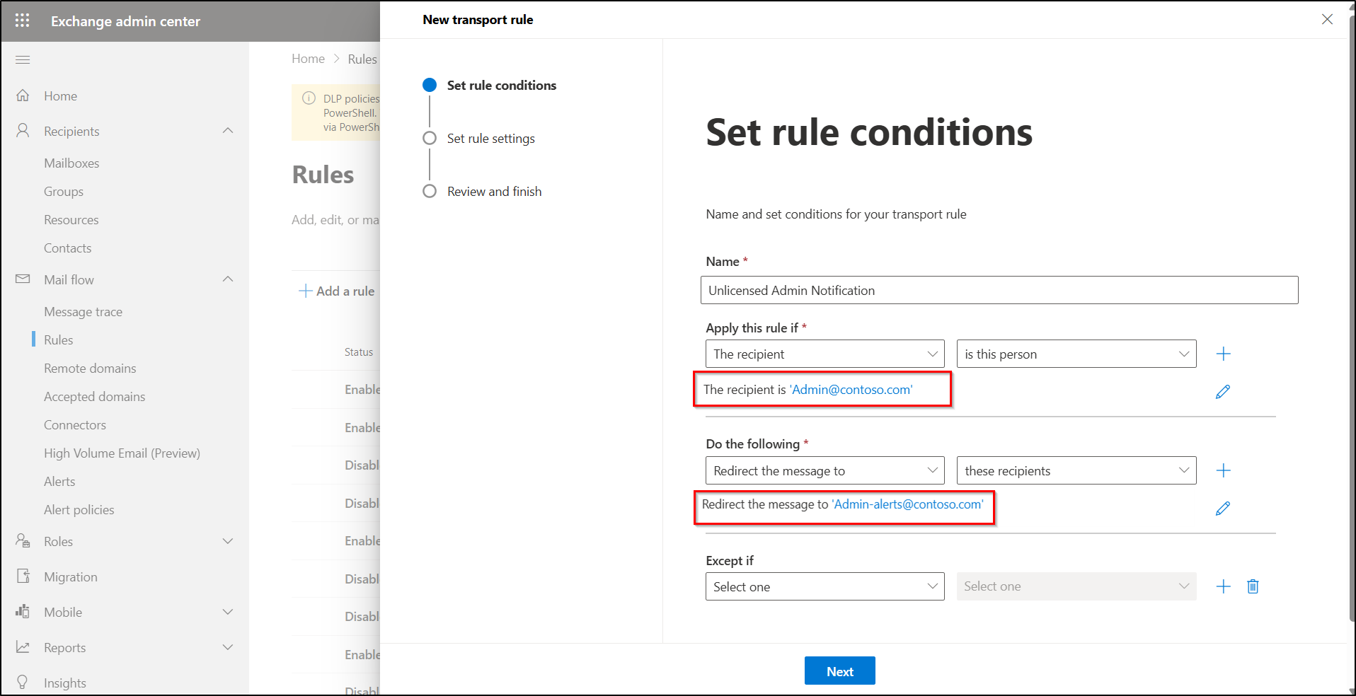 Configure mail flow rules