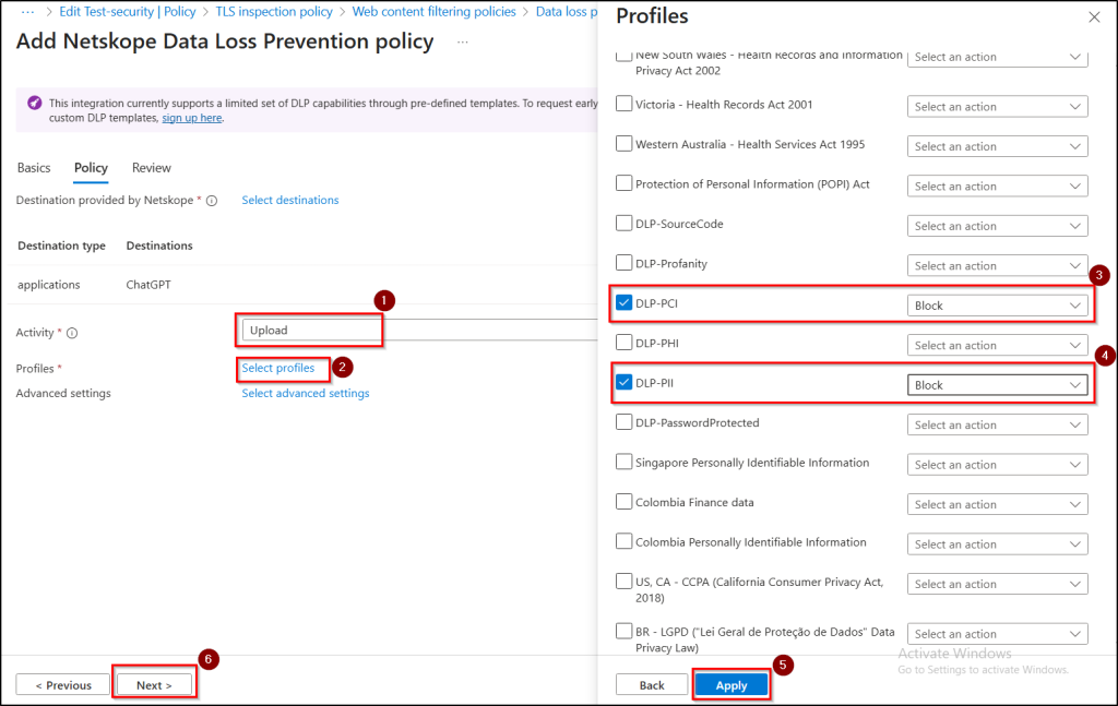 Choose profiles for DLP policy