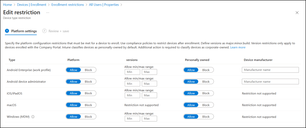 Device enrollment settings