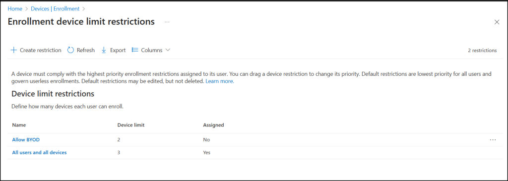 Device limit restriction in Intune
