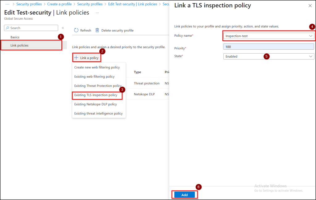 Link TLS inspection policy to security profile