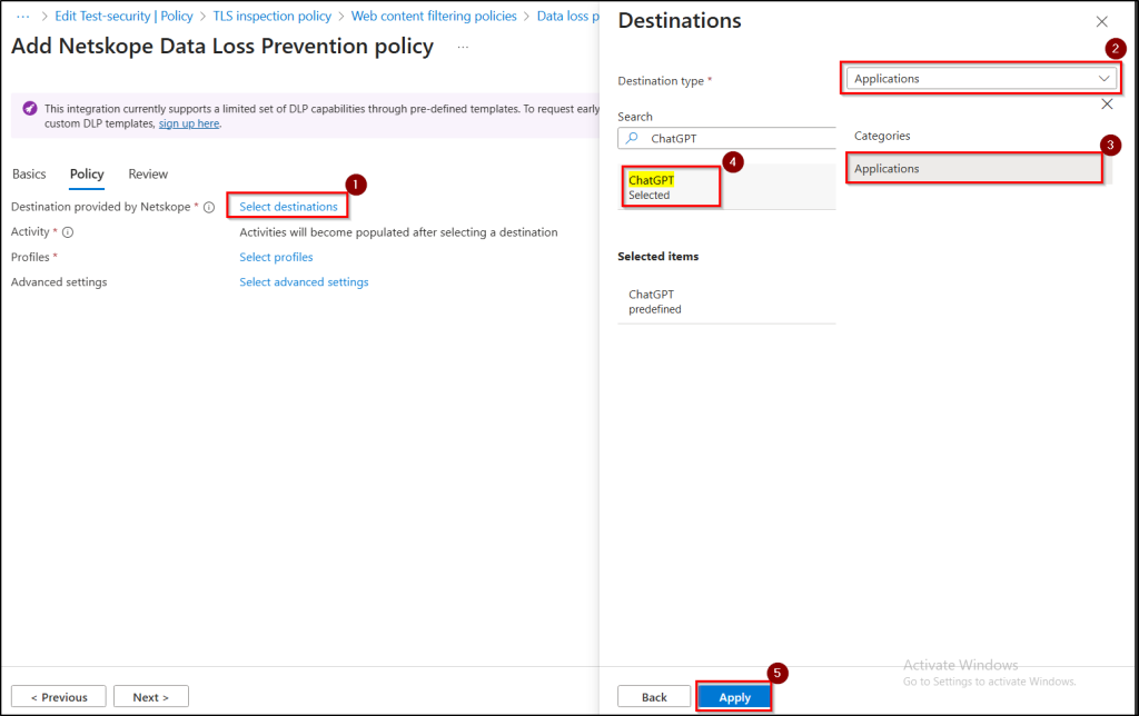 Select destination for DLP policy
