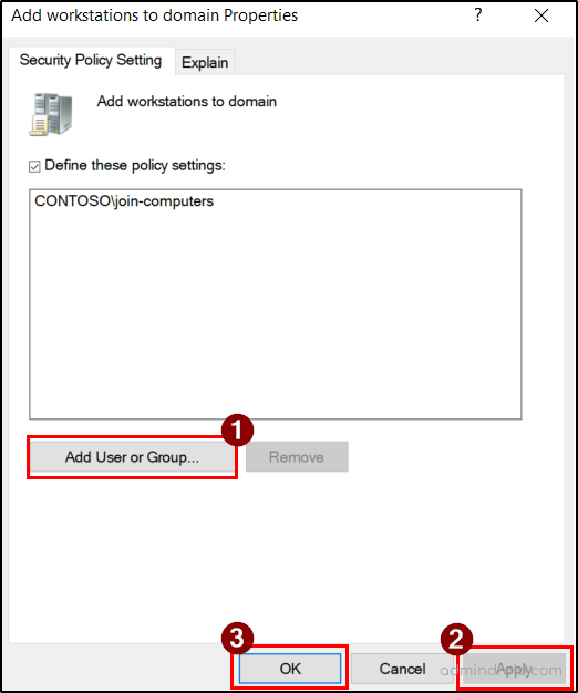 Assign the ‘Add Workstation to Domain’ Privilege to the Security Group