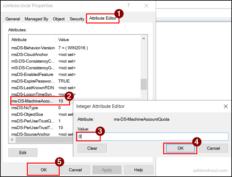 Set “ms-DS-MachineAccountQuota" to 0 to Prevent users from adding computers