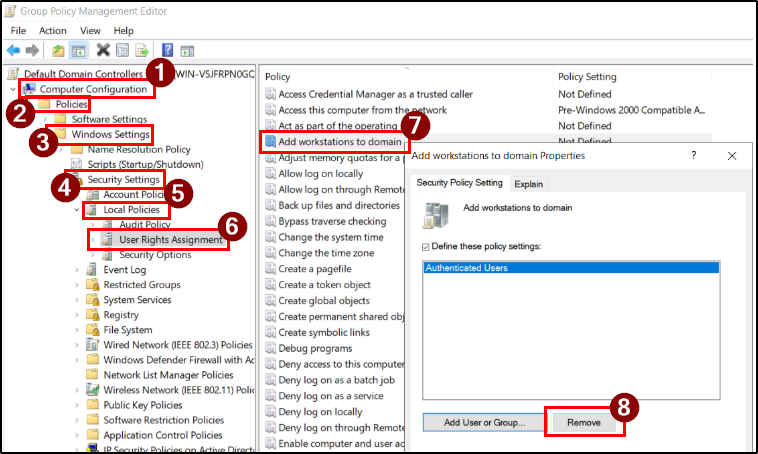 Restrict the Default 'Add Workstation to Domain' Privilege and prevent users from adding computers