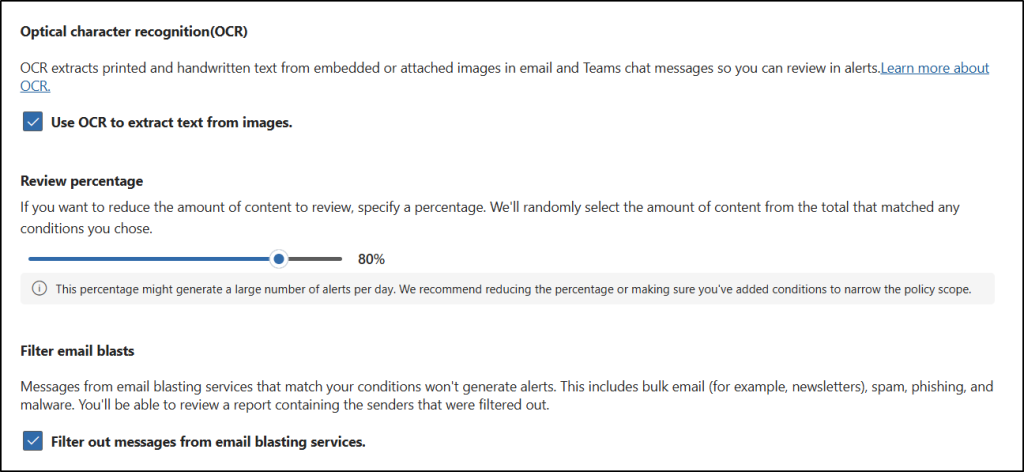 set-ocr-review-percentage-and-email blasts-filter-in-custom-communication-compliance-policy