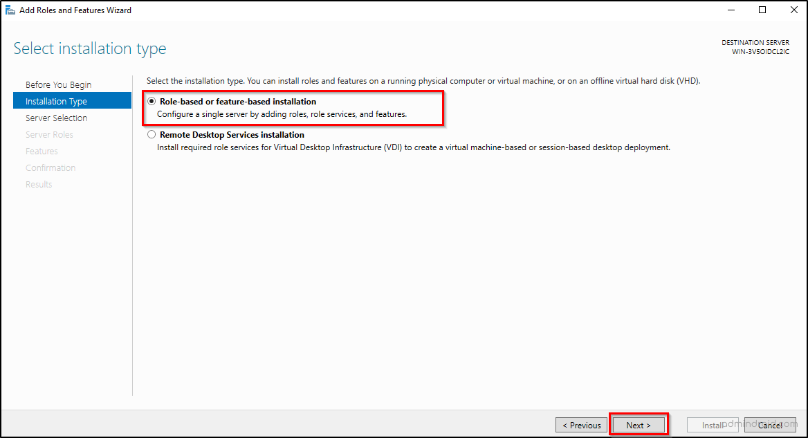 Active Directory Role-based or feature-based installation 
