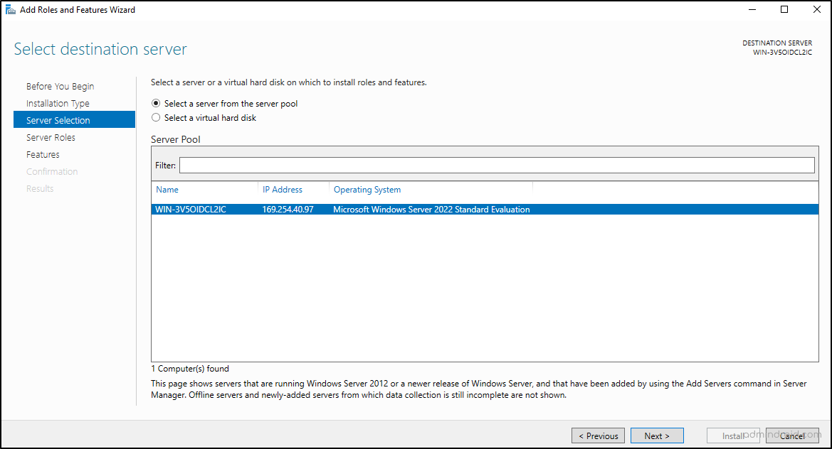 Select Destination Server to Create an Active Directory test environment 