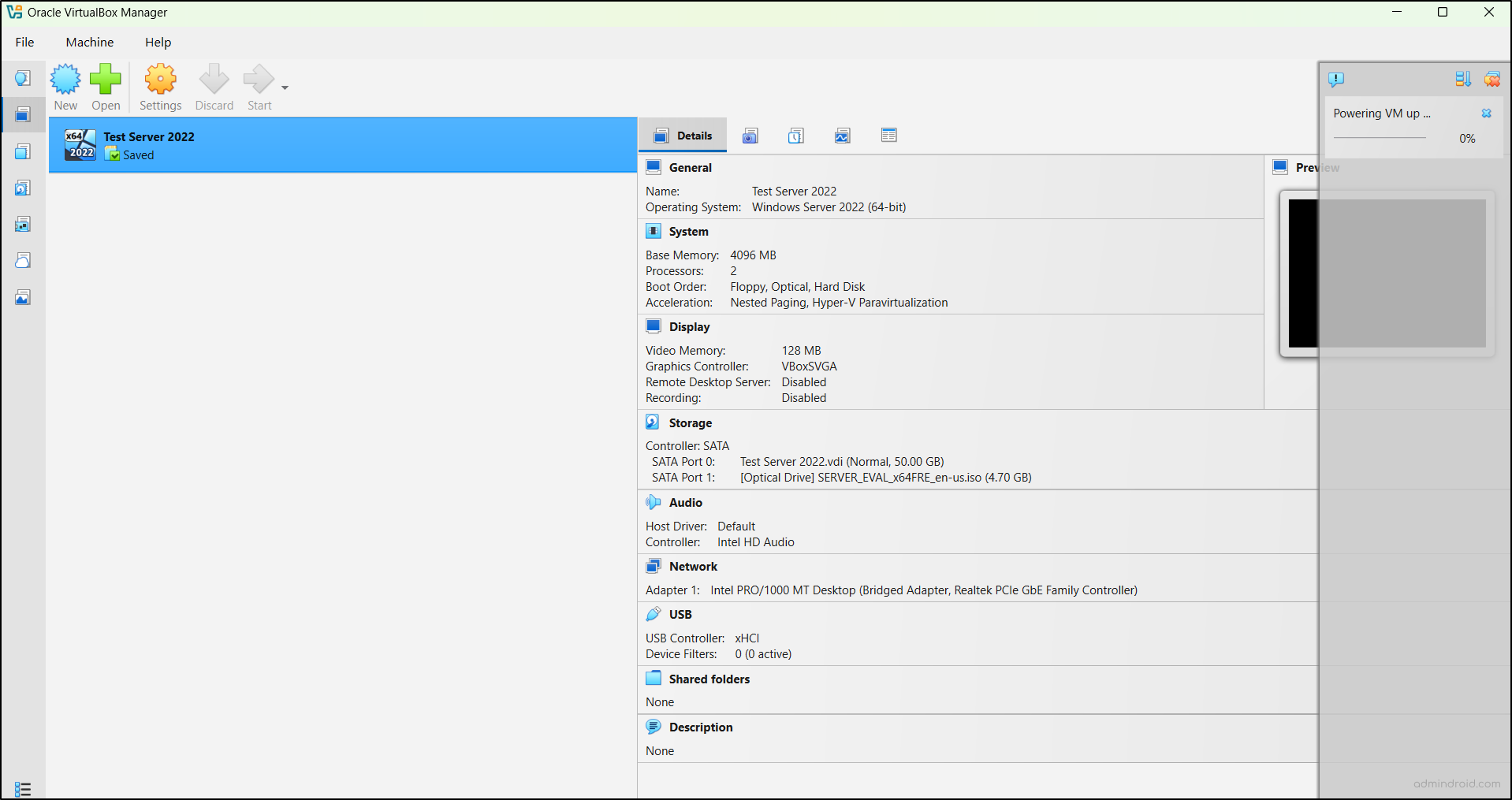 Start the VM to create an Active Directory test environment