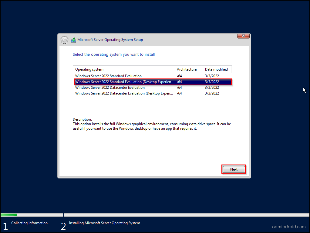 Select Windows Server 2022 Windows Desktop experience 