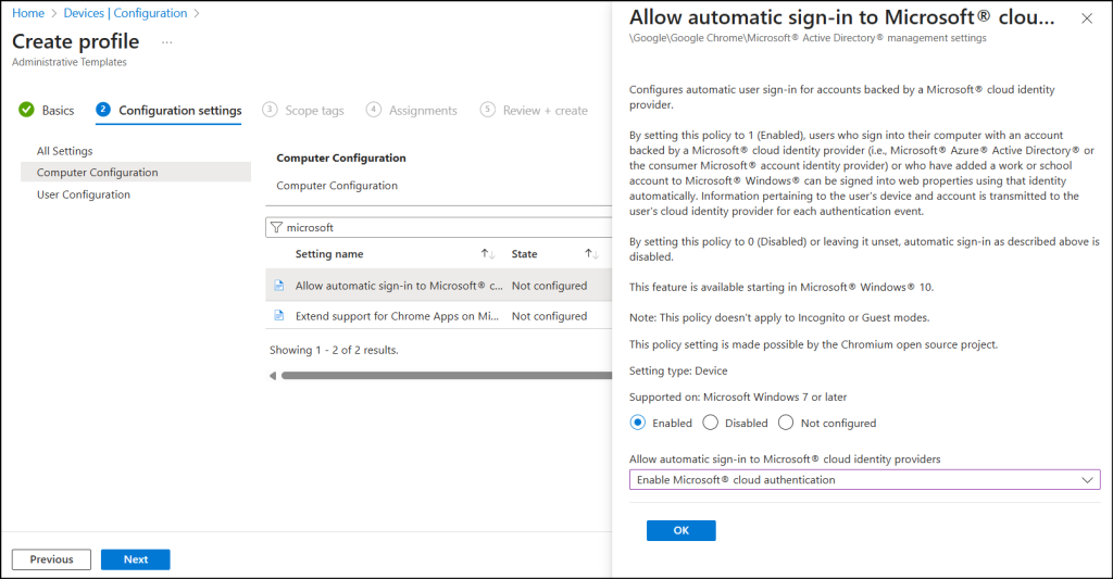 create a Intune configuration policy