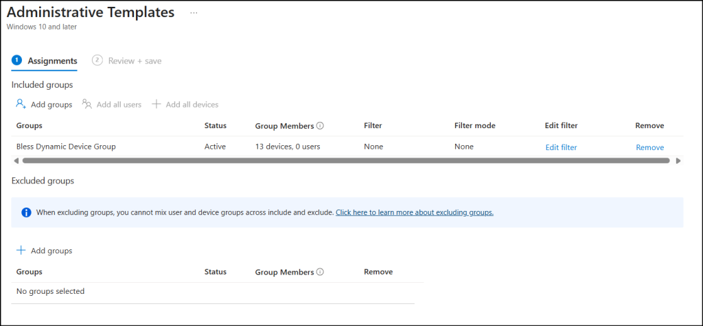 group assignments for intune configuration policy