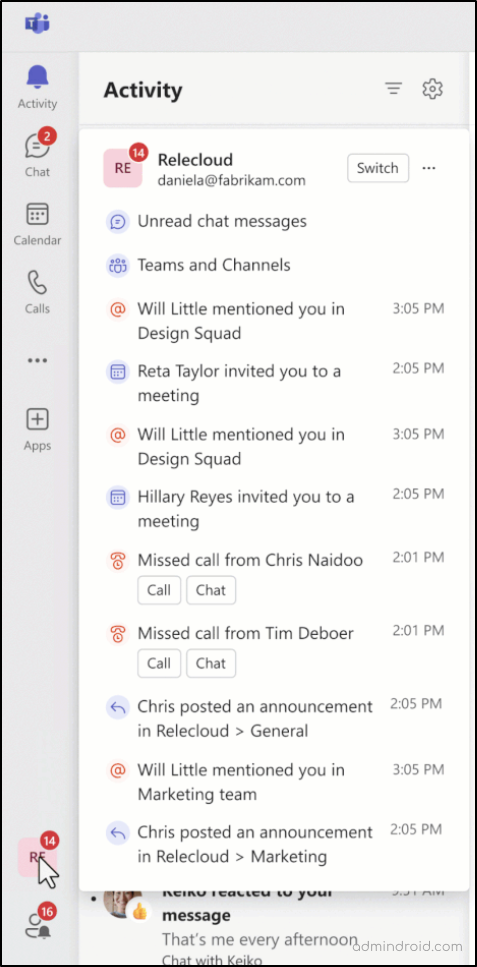 activity in other Teams accounts and orgs panel