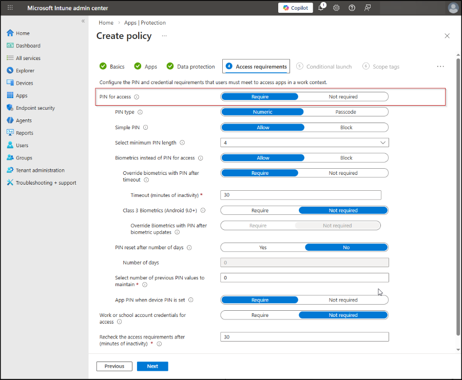 Access requirements in Intune