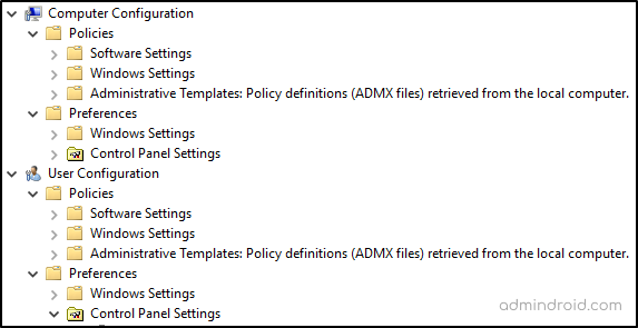 Configuration sections inside a Group Policy Object