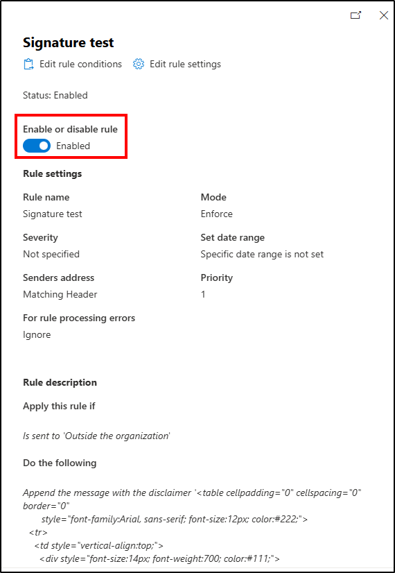 Creating HTML signatures using disclaimers via EAC