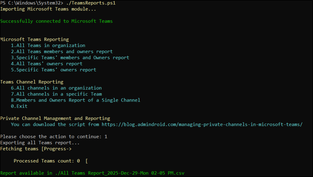 Microsoft teams reporting script