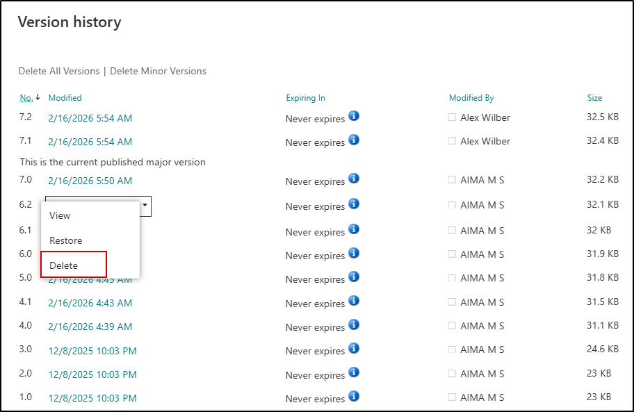 delete version history per file