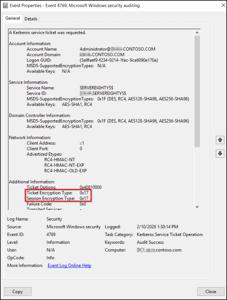 Identify RC4 usage in Event logs