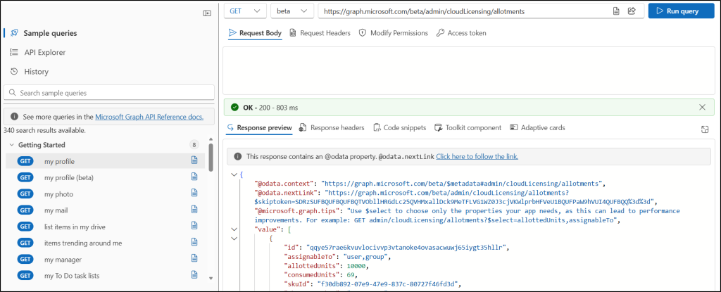 Run query to retrieve allotment information via Graph API.