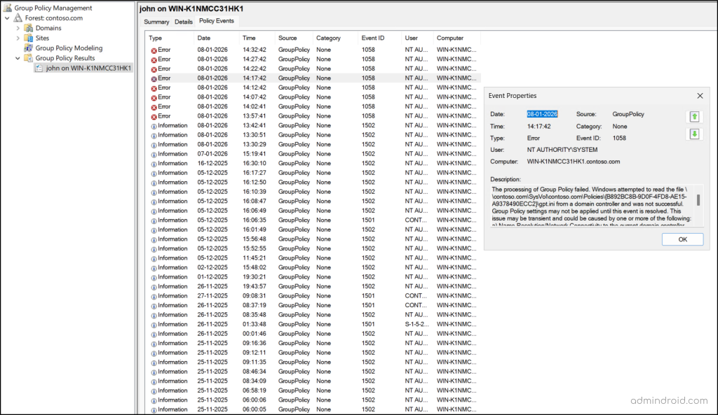 Group Policy Results Wizard Policy Events