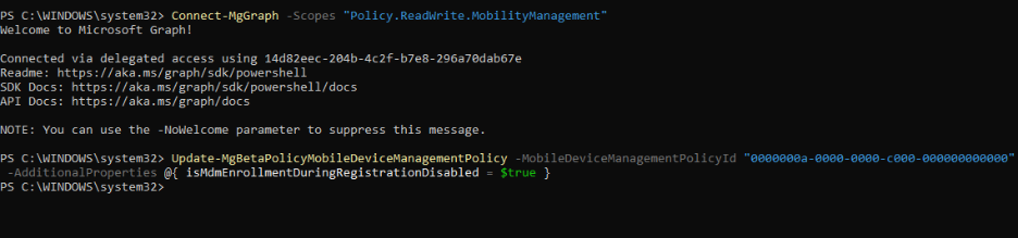 Disable MDM Enrollment When Adding Work or School Account Using PowerShell 