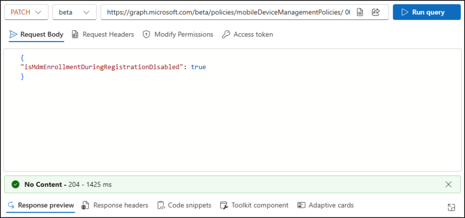 Disable MDM Enrollment When Adding Work or School Account Using Microsoft Graph Explorer 