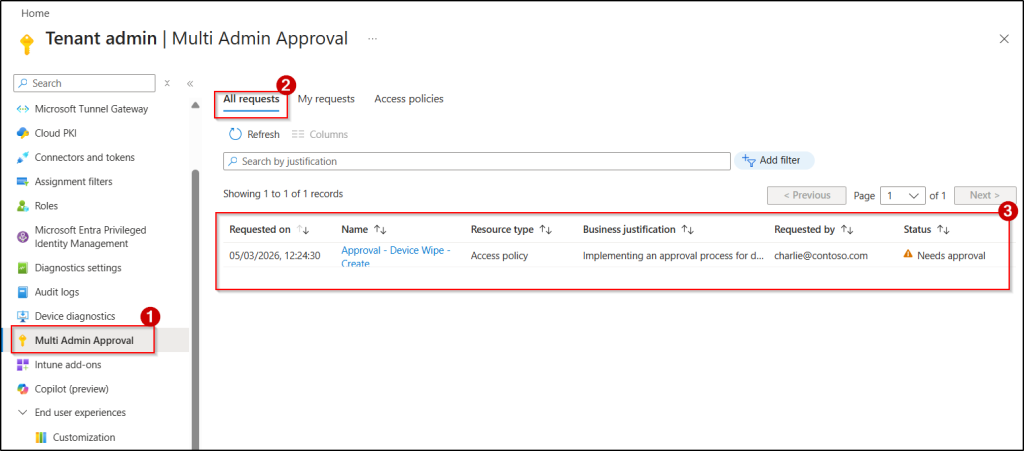 Access policy approval request for device wipe in multi admin approval