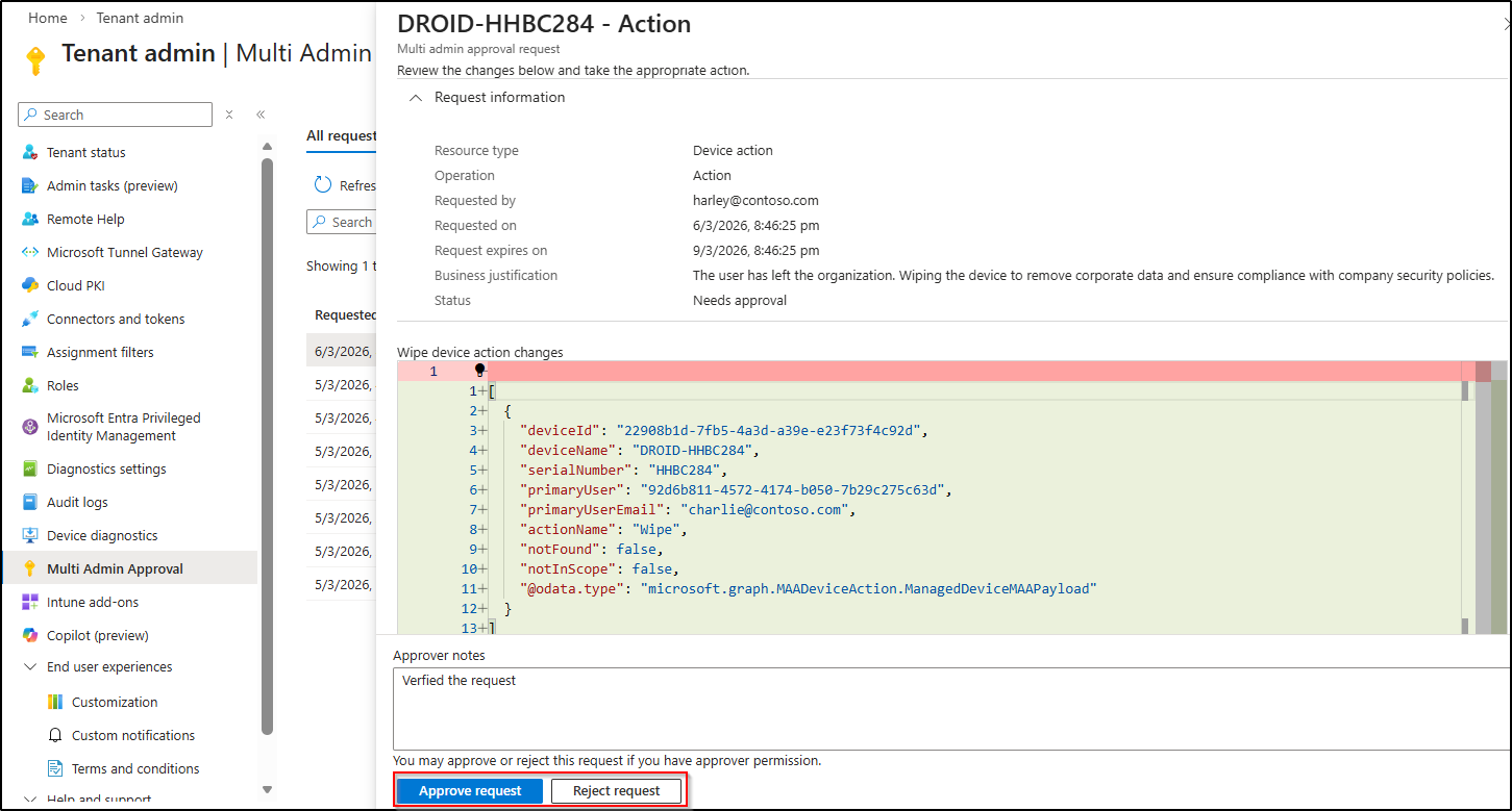 Approve or reject the device wipe request in Intune MAA
