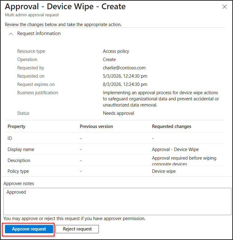 Approve the request for device wipe action in multi admin approval
