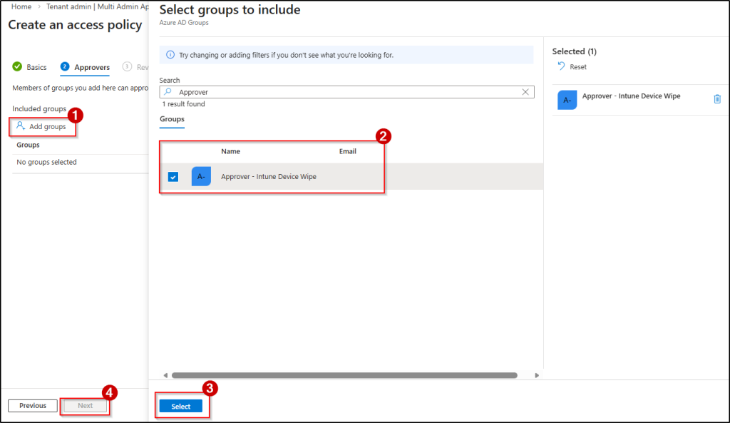 Choose approver group for managing device wipe action in MAA
