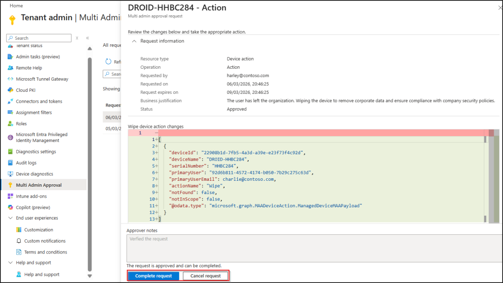 Complete or cancel the device wipe request after approved in Intune