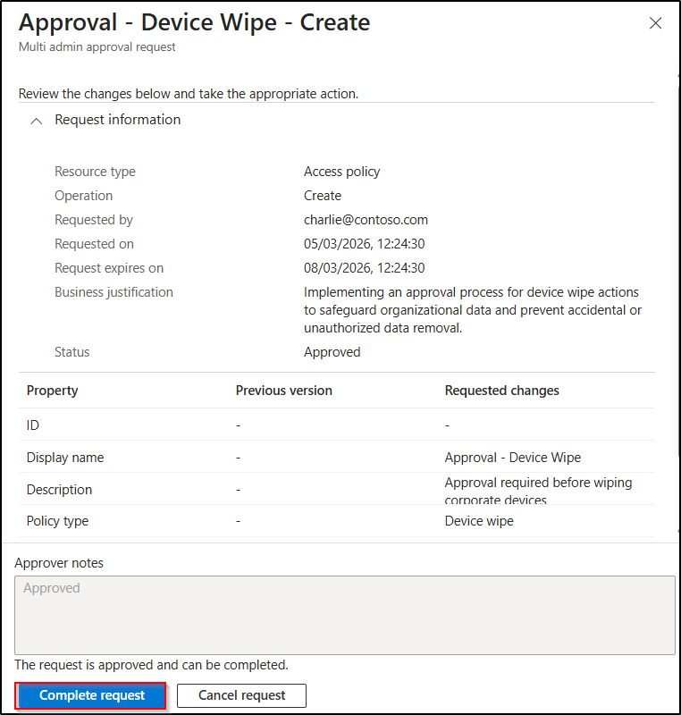 Complete the access policy for device wipe actions in multi admin approval
