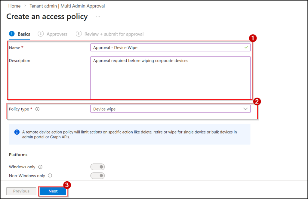 Create an access policy for device wipe action in MAA