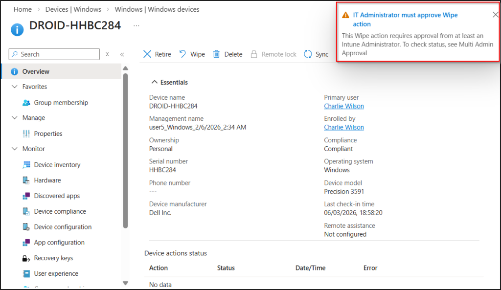 Wipe device in Microsoft intune with multi admin approval