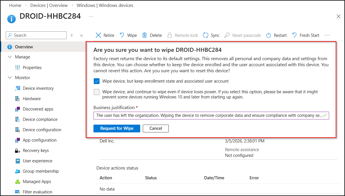 Prevent accidental device wipe using multi admin approval