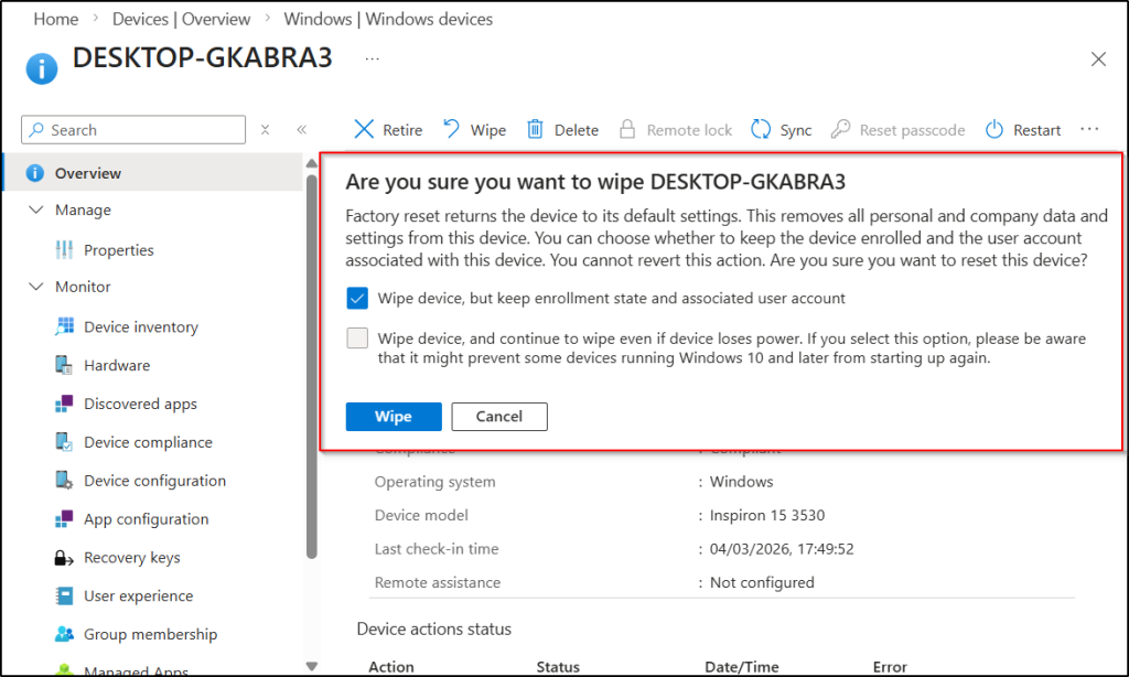 Device Wipe Action in Intune Admin Center