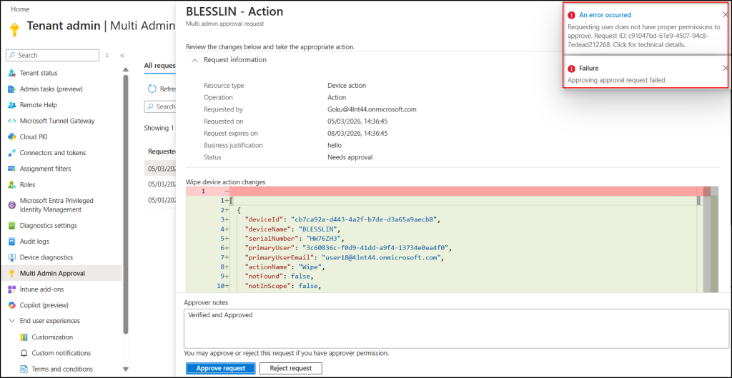 Error while usere does not have proper permissions to approve