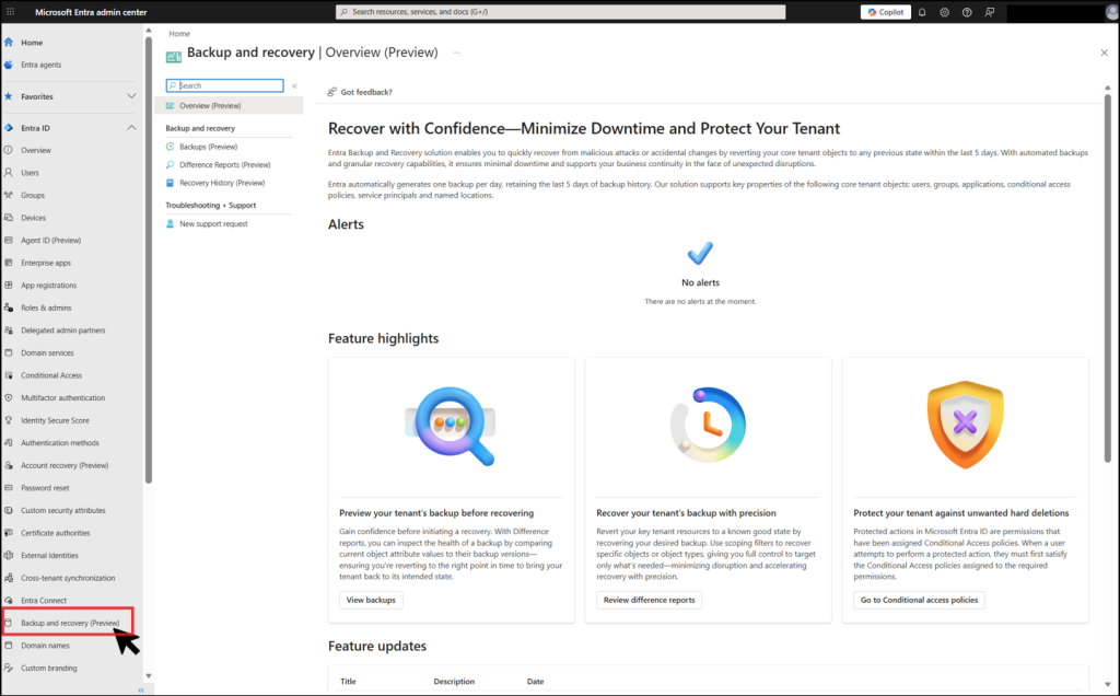 Microsoft entra backup and recovery in entra admin center